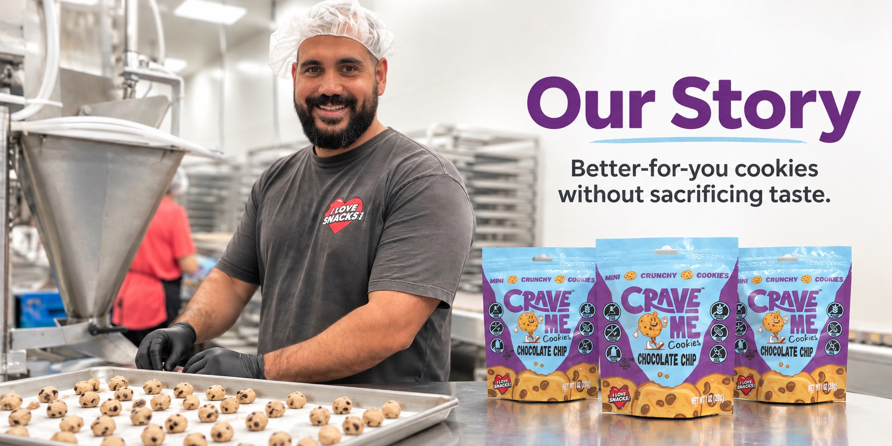A Crave Me baker beside a tray of mini cookie dough balls, with three bags of Chocolate Chip cookies
