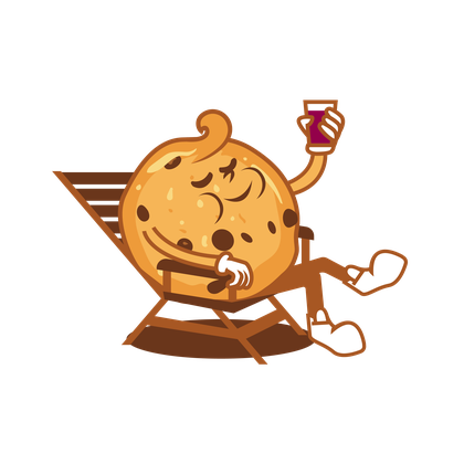 Cookie character relaxing in a deck chair