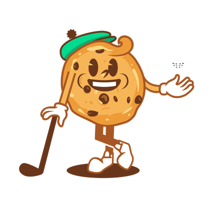 Cookie character leaning on a golf club