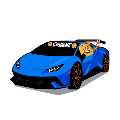 Cookie character waving from a blue sports car