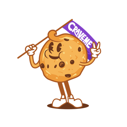 Cookie character waving a Crave Me pennant