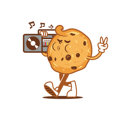 Cookie character carrying a boombox