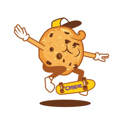 Cookie character kickflipping a Crave Me skateboard