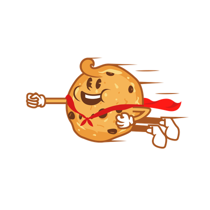Cookie character flying in a red cape